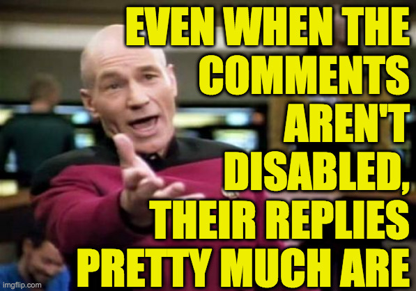 Picard Wtf Meme | EVEN WHEN THE
COMMENTS
AREN'T
DISABLED,
THEIR REPLIES
PRETTY MUCH ARE | image tagged in memes,picard wtf | made w/ Imgflip meme maker