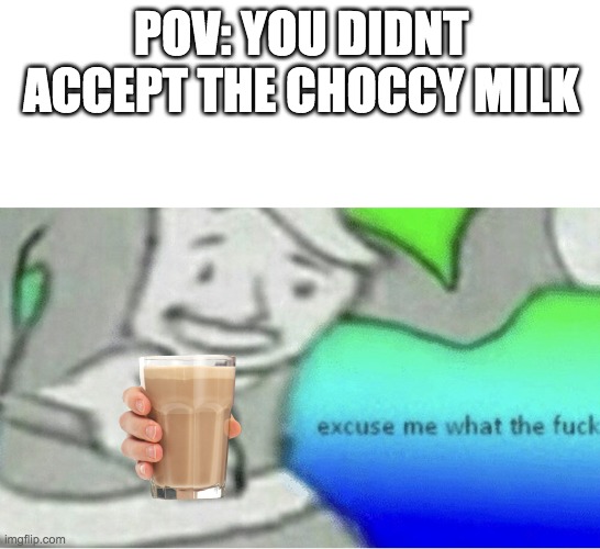 why would you do that? | POV: YOU DIDNT ACCEPT THE CHOCCY MILK | image tagged in excuse me wtf blank template,choccy milk | made w/ Imgflip meme maker