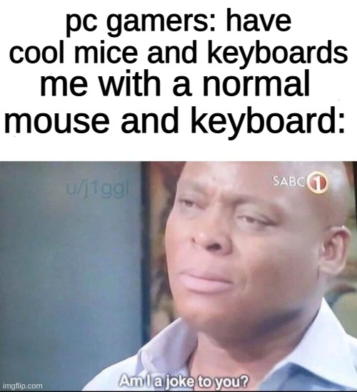 am I a joke to you | pc gamers: have cool mice and keyboards; me with a normal mouse and keyboard: | image tagged in am i a joke to you | made w/ Imgflip meme maker