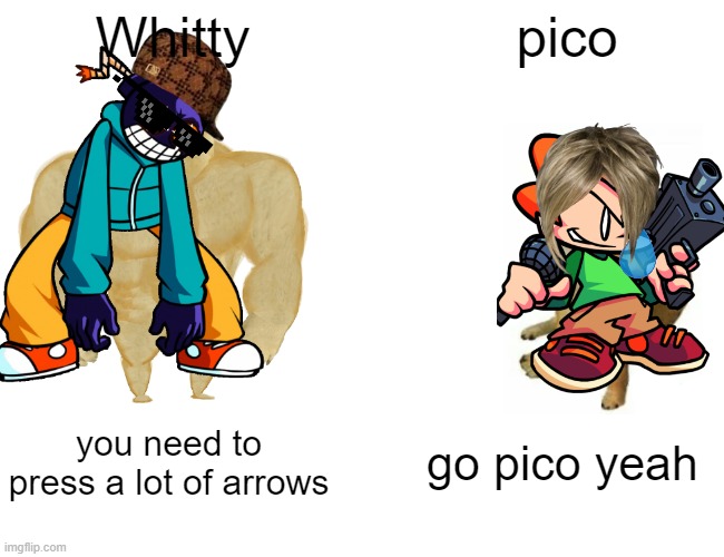 pico vs whitty baistic form |  Whitty; pico; you need to press a lot of arrows; go pico yeah | image tagged in memes,buff doge vs cheems | made w/ Imgflip meme maker