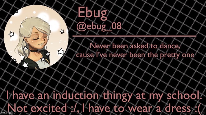 *skirt but whatever. Wish me luck, I might post a picture of me if you want (you shouldn’t want to but whatever) | I have an induction thingy at my school. Not excited :/, I have to wear a dress :( | image tagged in ebug 6 | made w/ Imgflip meme maker