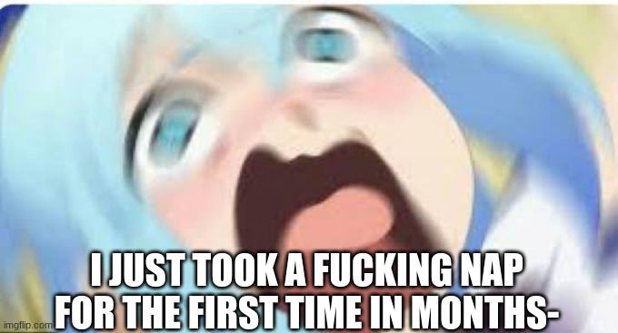 it was weird because no one forced me to go asleep for once | I JUST TOOK A FUCKING NAP FOR THE FIRST TIME IN MONTHS- | image tagged in aqua konosuba | made w/ Imgflip meme maker