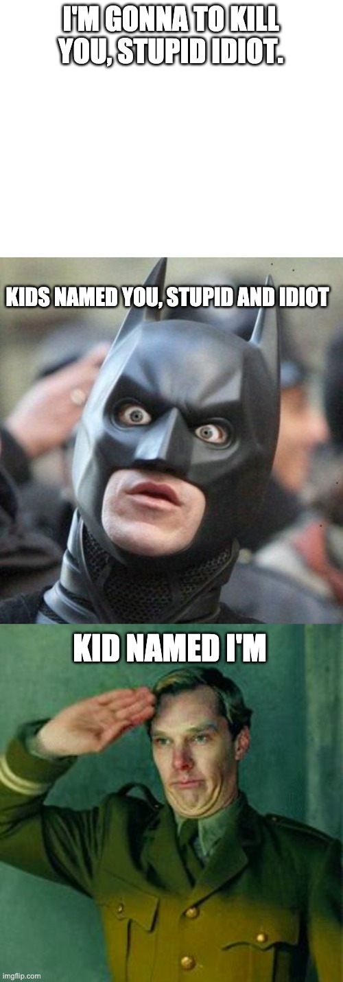 DIE | I'M GONNA TO KILL YOU, STUPID IDIOT. KIDS NAMED YOU, STUPID AND IDIOT; KID NAMED I'M | image tagged in blank white template,shocked batman,sir yes sir | made w/ Imgflip meme maker