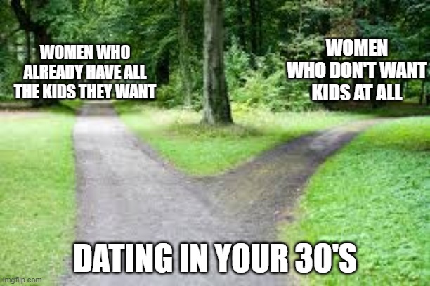 Trust me, if you want kids in the future start now | WOMEN WHO ALREADY HAVE ALL THE KIDS THEY WANT; WOMEN WHO DON'T WANT KIDS AT ALL; DATING IN YOUR 30'S | image tagged in fork in the road | made w/ Imgflip meme maker