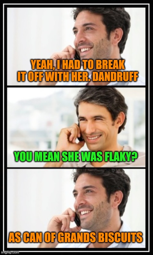 Some women should come with a warning label | YEAH, I HAD TO BREAK IT OFF WITH HER. DANDRUFF; YOU MEAN SHE WAS FLAKY? AS CAN OF GRANDS BISCUITS | image tagged in two guys talking | made w/ Imgflip meme maker