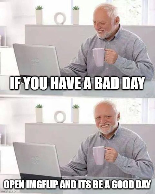 Bad day, huh? | IF YOU HAVE A BAD DAY; OPEN IMGFLIP AND ITS BE A GOOD DAY | image tagged in memes,hide the pain harold | made w/ Imgflip meme maker