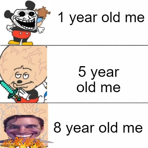 Years old | 1 year old me; 5 year old me; 8 year old me | image tagged in so true memes | made w/ Imgflip meme maker