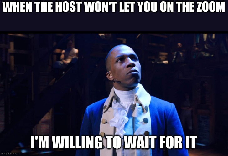 hekkin' quarintine | WHEN THE HOST WON'T LET YOU ON THE ZOOM; I'M WILLING TO WAIT FOR IT | image tagged in aaron burr he changes the game | made w/ Imgflip meme maker