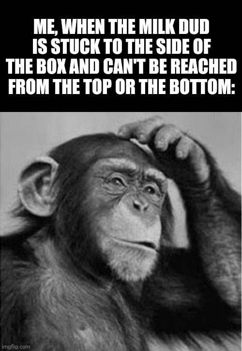 I ended up just eating the box. |  ME, WHEN THE MILK DUD IS STUCK TO THE SIDE OF THE BOX AND CAN'T BE REACHED FROM THE TOP OR THE BOTTOM: | image tagged in monkey china lost,memes,candy,milk duds,i am so smrt | made w/ Imgflip meme maker