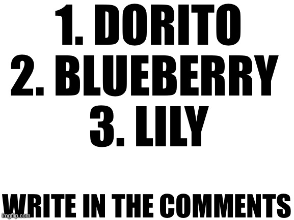 Guess my favorite OC | 1. DORITO
2. BLUEBERRY 
3. LILY; WRITE IN THE COMMENTS | image tagged in guess,my precious,favorite,oc | made w/ Imgflip meme maker