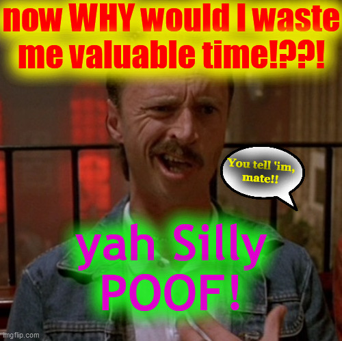 Who Cares | now WHY would I waste
me valuable time!??! yah Silly
POOF! You tell 'im,
mate!! | image tagged in who cares | made w/ Imgflip meme maker