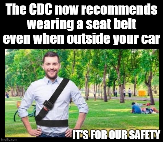 You'll feel safer guaranteed! | The CDC now recommends wearing a seat belt even when outside your car; IT'S FOR OUR SAFETY | image tagged in cdc,mask effectiveness,politics,maga,the great awakening,ConservativesOnly | made w/ Imgflip meme maker