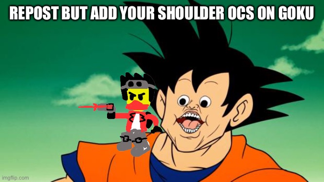 Derpy Interest Goku | REPOST BUT ADD YOUR SHOULDER OCS ON GOKU | image tagged in derpy interest goku | made w/ Imgflip meme maker
