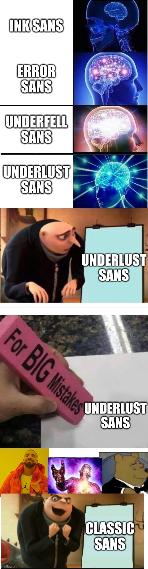 Never shall this mistake be made again. underlust is a disgrace | INK SANS; ERROR SANS; UNDERFELL SANS; UNDERLUST SANS; UNDERLUST SANS; UNDERLUST SANS; CLASSIC SANS | image tagged in memes,expanding brain,gru's plan,big mistakes eraser,blank white template | made w/ Imgflip meme maker