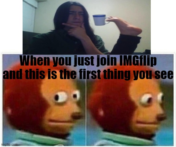 What the heck have I gotten myself into? | When you just join IMGflip and this is the first thing you see | image tagged in memes,monkey puppet | made w/ Imgflip meme maker