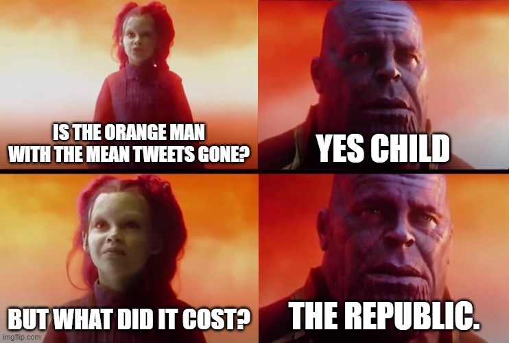thanos what did it cost | IS THE ORANGE MAN WITH THE MEAN TWEETS GONE? YES CHILD; BUT WHAT DID IT COST? THE REPUBLIC. | image tagged in thanos what did it cost | made w/ Imgflip meme maker