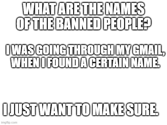 Blank White Template | WHAT ARE THE NAMES OF THE BANNED PEOPLE? I WAS GOING THROUGH MY GMAIL, WHEN I FOUND A CERTAIN NAME. I JUST WANT TO MAKE SURE. | image tagged in blank white template | made w/ Imgflip meme maker