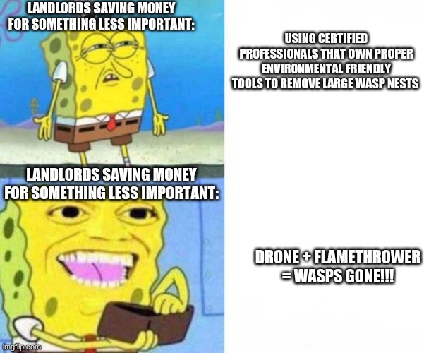 SpongeBob Wallet | LANDLORDS SAVING MONEY FOR SOMETHING LESS IMPORTANT:; USING CERTIFIED PROFESSIONALS THAT OWN PROPER ENVIRONMENTAL FRIENDLY TOOLS TO REMOVE LARGE WASP NESTS; LANDLORDS SAVING MONEY FOR SOMETHING LESS IMPORTANT:; DRONE + FLAMETHROWER = WASPS GONE!!! | image tagged in spongebob wallet | made w/ Imgflip meme maker