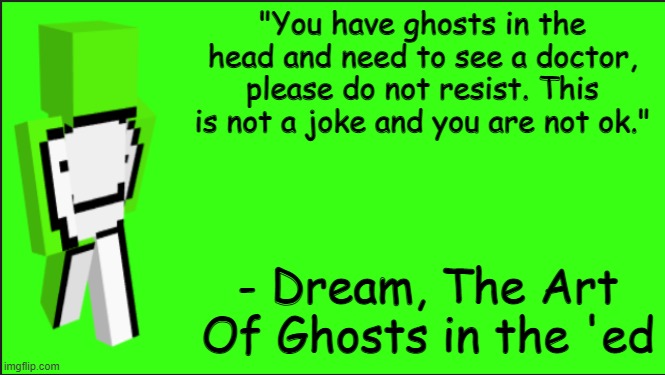 use this when someone is being dumb c: | "You have ghosts in the head and need to see a doctor, please do not resist. This is not a joke and you are not ok."; - Dream, The Art Of Ghosts in the 'ed | image tagged in dream the art of minecraft | made w/ Imgflip meme maker