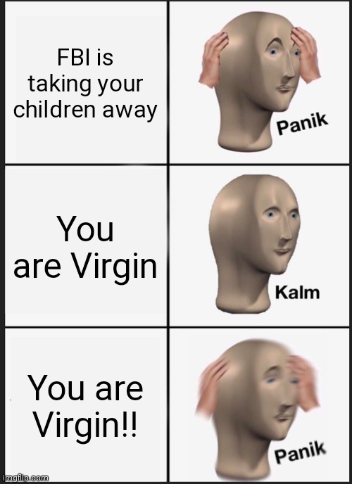 Sedness | FBI is taking your children away; You are Virgin; You are Virgin!! | image tagged in memes,panik kalm panik | made w/ Imgflip meme maker