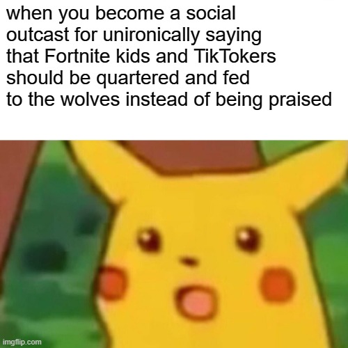 Surprised Pikachu | when you become a social outcast for unironically saying that Fortnite kids and TikTokers should be quartered and fed to the wolves instead of being praised | image tagged in memes,surprised pikachu | made w/ Imgflip meme maker