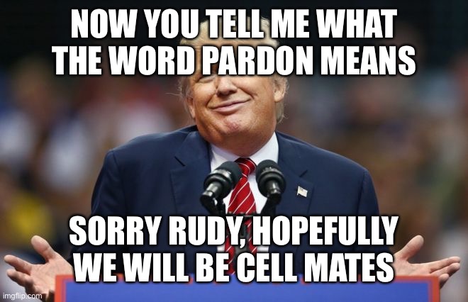 Constipated Trump | NOW YOU TELL ME WHAT THE WORD PARDON MEANS; SORRY RUDY, HOPEFULLY WE WILL BE CELL MATES | image tagged in constipated trump | made w/ Imgflip meme maker