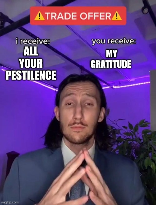 no one? ohok | MY GRATITUDE; ALL YOUR PESTILENCE | image tagged in trade offer | made w/ Imgflip meme maker