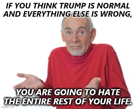 Trump is already over. There's just a lot of shouting first. | IF YOU THINK TRUMP IS NORMAL AND EVERYTHING ELSE IS WRONG, YOU ARE GOING TO HATE THE ENTIRE REST OF YOUR LIFE. | image tagged in guess i'll die,trump,over,finished | made w/ Imgflip meme maker