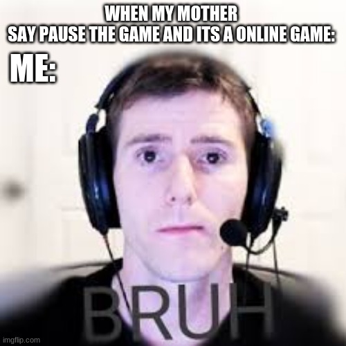 Bruh | WHEN MY MOTHER SAY PAUSE THE GAME AND ITS A ONLINE GAME:; ME: | image tagged in bruh moment,oh god why | made w/ Imgflip meme maker