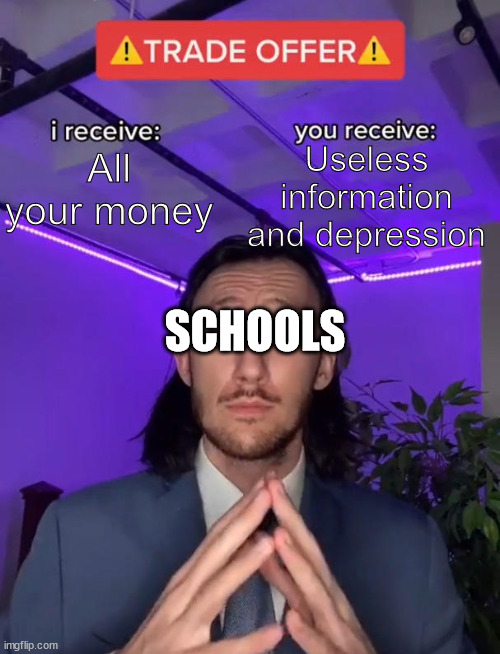 Haha useless information go brrr | All your money; Useless information and depression; SCHOOLS | image tagged in trade offer,memes,school meme | made w/ Imgflip meme maker