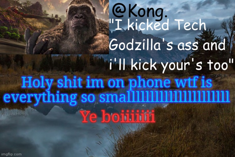 Dude help me it's like a whole new dimension on this thing | Holy shit im on phone wtf is everything so smallllllllllllllllllllll; Ye boiiiiiii | image tagged in kong 's new temp | made w/ Imgflip meme maker