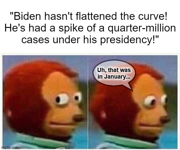 Monkey Puppet | "Biden hasn't flattened the curve! 
He's had a spike of a quarter-million
cases under his presidency!"; Uh, that was in January... | image tagged in memes,monkey puppet | made w/ Imgflip meme maker
