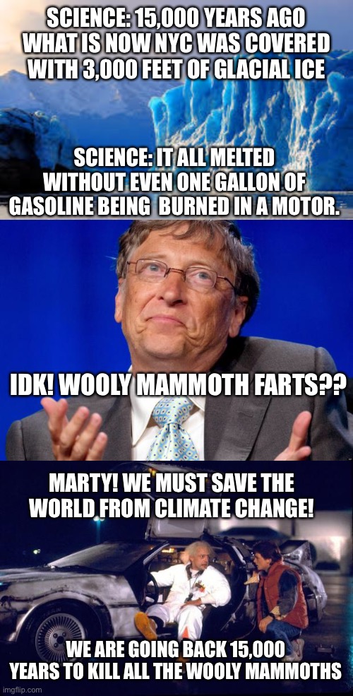 For all those who scream “you are a science denier” | SCIENCE: 15,000 YEARS AGO WHAT IS NOW NYC WAS COVERED WITH 3,000 FEET OF GLACIAL ICE; SCIENCE: IT ALL MELTED WITHOUT EVEN ONE GALLON OF GASOLINE BEING  BURNED IN A MOTOR. IDK! WOOLY MAMMOTH FARTS?? MARTY! WE MUST SAVE THE WORLD FROM CLIMATE CHANGE! WE ARE GOING BACK 15,000 YEARS TO KILL ALL THE WOOLY MAMMOTHS | image tagged in glacier,bill gates,back to the future,science | made w/ Imgflip meme maker