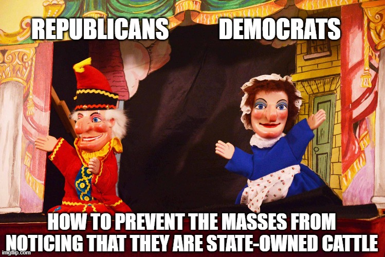 puppet show politics | REPUBLICANS           DEMOCRATS; HOW TO PREVENT THE MASSES FROM NOTICING THAT THEY ARE STATE-OWNED CATTLE | image tagged in puppets,republicans,democrats,politics,economics,real estate | made w/ Imgflip meme maker