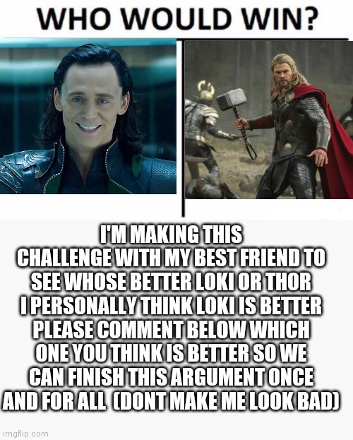 Who Would Win? Meme | I'M MAKING THIS CHALLENGE WITH MY BEST FRIEND TO SEE WHOSE BETTER LOKI OR THOR I PERSONALLY THINK LOKI IS BETTER PLEASE COMMENT BELOW WHICH ONE YOU THINK IS BETTER SO WE CAN FINISH THIS ARGUMENT ONCE AND FOR ALL  (DONT MAKE ME LOOK BAD) | image tagged in memes,who would win | made w/ Imgflip meme maker