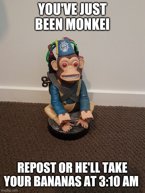 monkey | YOU'VE JUST BEEN MONKEI; REPOST OR HE'LL TAKE YOUR BANANAS AT 3:10 AM | image tagged in nooo haha go brrr | made w/ Imgflip meme maker