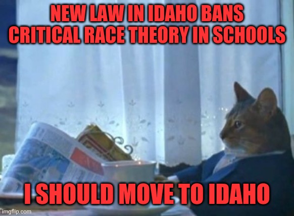 Just don't let liberals move there. | NEW LAW IN IDAHO BANS CRITICAL RACE THEORY IN SCHOOLS; I SHOULD MOVE TO IDAHO | image tagged in memes,i should buy a boat cat,critical race theory | made w/ Imgflip meme maker