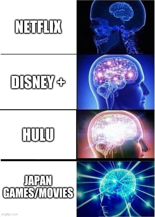 Expanding Brain Meme | NETFLIX; DISNEY +; HULU; JAPAN GAMES/MOVIES | image tagged in memes,expanding brain | made w/ Imgflip meme maker