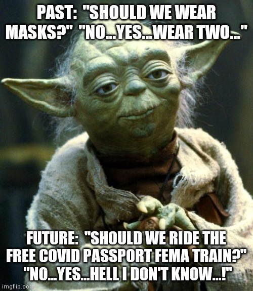 Yoda Fauci | PAST:  "SHOULD WE WEAR MASKS?"  "NO...YES...WEAR TWO..."; FUTURE:  "SHOULD WE RIDE THE FREE COVID PASSPORT FEMA TRAIN?"  "NO...YES...HELL I DON'T KNOW...!" | image tagged in star wars yoda,dr fauci,idiot | made w/ Imgflip meme maker