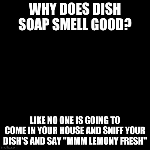 Blank Transparent Square | WHY DOES DISH SOAP SMELL GOOD? LIKE NO ONE IS GOING TO COME IN YOUR HOUSE AND SNIFF YOUR DISH'S AND SAY "MMM LEMONY FRESH" | image tagged in memes,blank transparent square | made w/ Imgflip meme maker