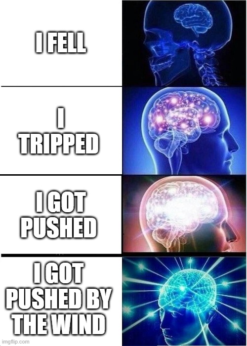 Expanding Brain Meme | I FELL; I TRIPPED; I GOT PUSHED; I GOT PUSHED BY THE WIND | image tagged in memes,expanding brain,big brain | made w/ Imgflip meme maker
