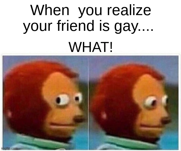 Monkey Puppet | When  you realize your friend is gay.... WHAT! | image tagged in memes,monkey puppet | made w/ Imgflip meme maker