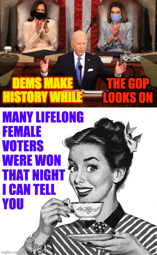 How things work. | THE GOP
LOOKS ON; DEMS MAKE
HISTORY WHILE; MANY LIFELONG
FEMALE
VOTERS
WERE WON
THAT NIGHT
I CAN TELL
YOU | image tagged in retro woman teacup,how things work,women's rights,liberals understand,historical,it's your move | made w/ Imgflip meme maker