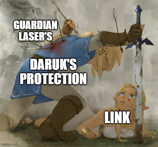 Link and zelda | GUARDIAN LASER'S; DARUK'S PROTECTION; LINK | image tagged in link and zelda | made w/ Imgflip meme maker