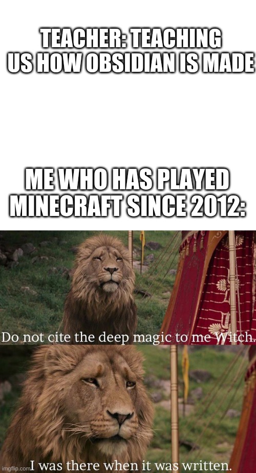 TEACHER: TEACHING US HOW OBSIDIAN IS MADE; ME WHO HAS PLAYED MINECRAFT SINCE 2012: | image tagged in caption box,do not cite the deep magic to me witch | made w/ Imgflip meme maker