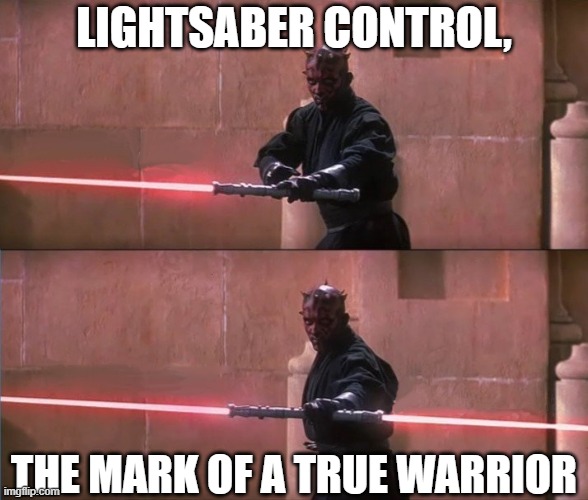 Darth Maul Double Sided Lightsaber | LIGHTSABER CONTROL, THE MARK OF A TRUE WARRIOR | image tagged in darth maul double sided lightsaber | made w/ Imgflip meme maker