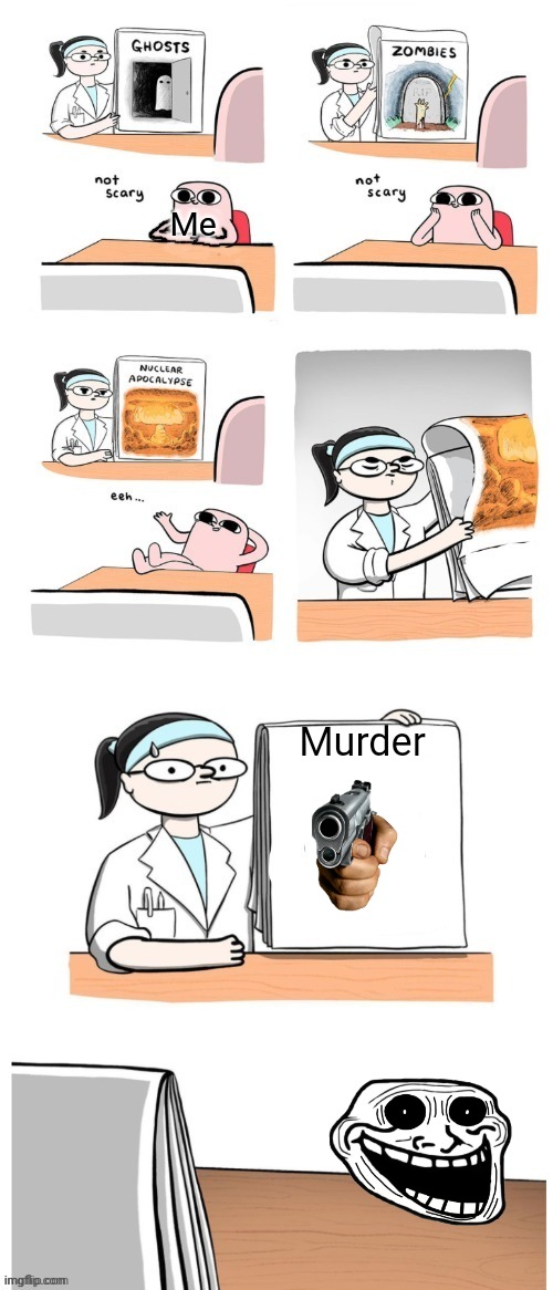 Murder is great fear | Me; Murder | image tagged in not scary | made w/ Imgflip meme maker