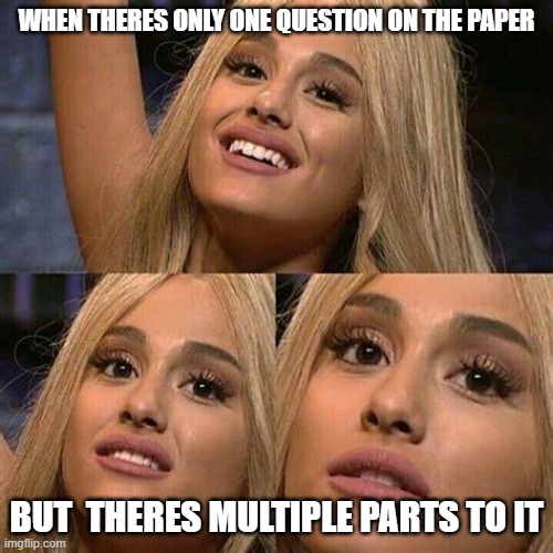 WHEN THERES ONLY ONE QUESTION ON THE PAPER; BUT  THERES MULTIPLE PARTS TO IT | made w/ Imgflip meme maker