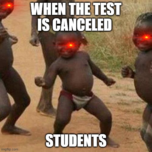 Third World Success Kid | WHEN THE TEST IS CANCELED; STUDENTS | image tagged in memes,third world success kid | made w/ Imgflip meme maker