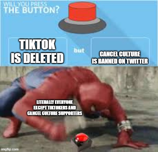 will you press the button? | CANCEL CULTURE IS BANNED ON TWITTER; TIKTOK IS DELETED; LITERALLY EVERYONE EXCEPT TIKTOKERS AND CANCEL CULTURE SUPPORTERS | image tagged in will you press the button | made w/ Imgflip meme maker